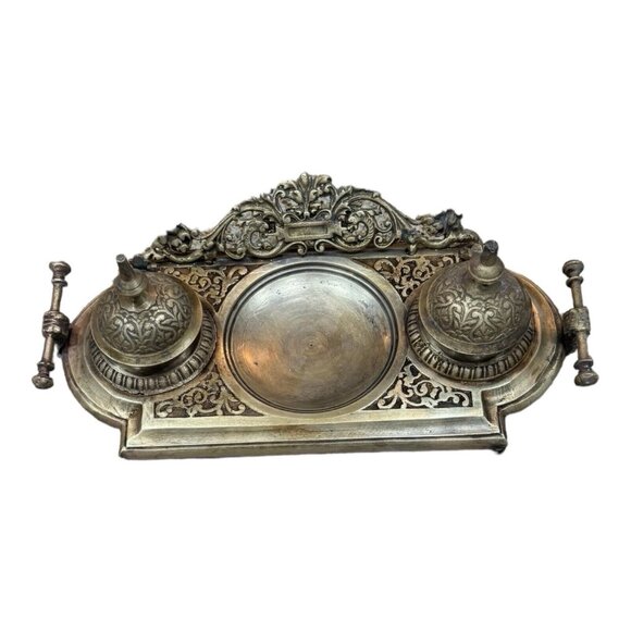 ANTIQUE ORNATE ART DOUBLE INKWELL TRAY DESK WRITING BRASS 11”x5 made in India